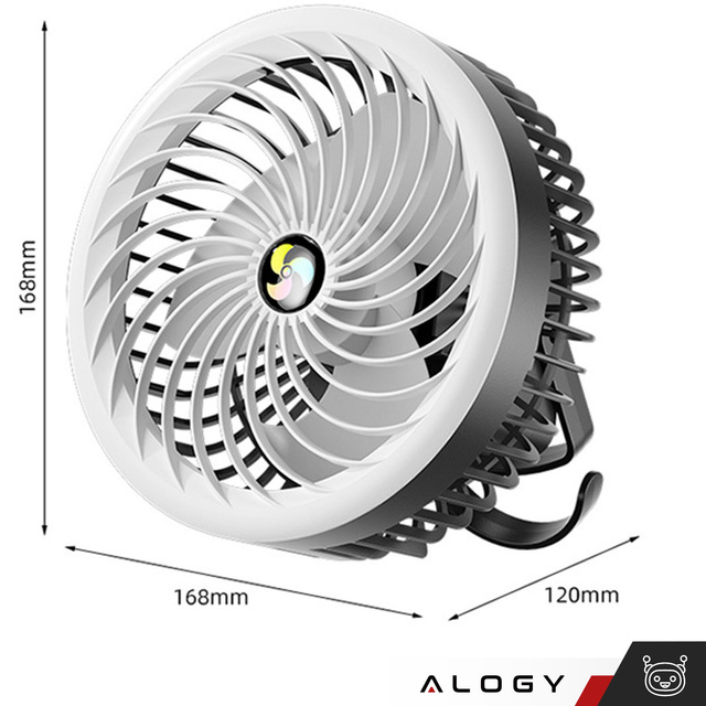 Wiatrak wentylator biurkowy z lampką LED 2w1 Alogy przenośny wiszący stojący Bezprzewodowy Hanging Outdoor Mini Fan uchwyt na haczyk Czarny