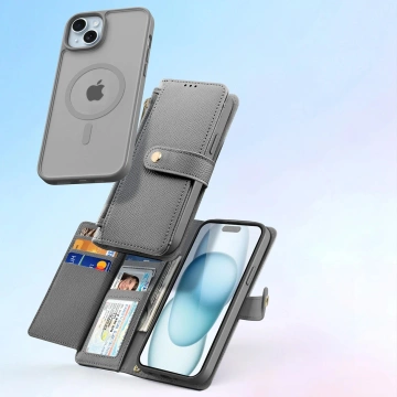 iPhone 15 Dux Ducis Lawa Leder Wallet Case MagSafe Grau