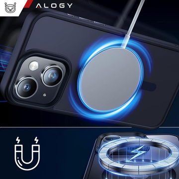Hülle für iPhone 15 Plus MagSafe Matt Case Cover mattiert Alogy Ring gepanzerte Handyhülle Marineblau