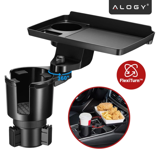 Uchwyt Samochodowy na Kubek i Butelkę Telefon z Obrotowym Stoliczkiem 360°, Mobilny Organizer 2w1, Alogy MultiUse Tray™ – Czarny