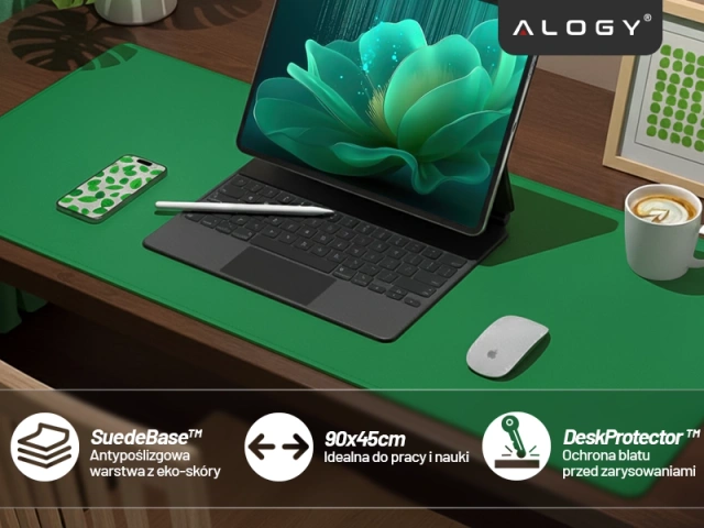 Podkładka na biurko 90×45 cm – antypoślizgowa mata ochronna z eleganckiej ekoskóry PU, pod mysz i klawiaturę, stylowa i trwała – Alogy WorkMat™ Zielona