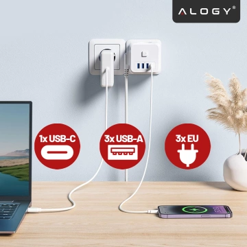 Netzwerk Splitter Splitter Ladegerät Adapter Dieb 3 Steckdosen EU 3x USB USB-C C 7in1 Alogy Weiß