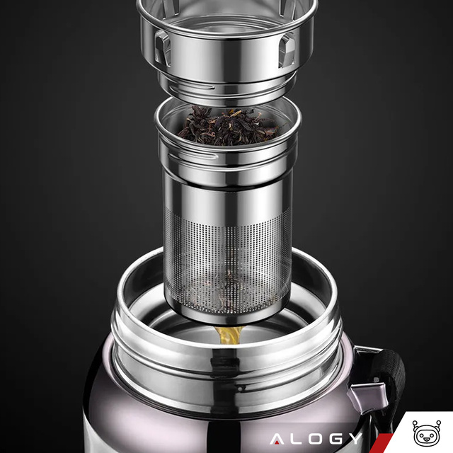 Termos butelka bidon termiczny 800ml do kawy herbaty yerba mate LED sitko smyczka Alogy wyświetlacz Czarny