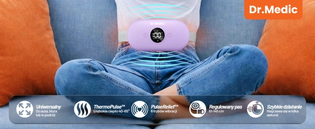 Pas Grzejący z Masażerem na okres i plecy - przeciwbólowy, ciepło + wibracje, 6 poziomów intensywności, akumulator 1800 mAh - Dr.Medic ThermoPulse™ Fioletowy