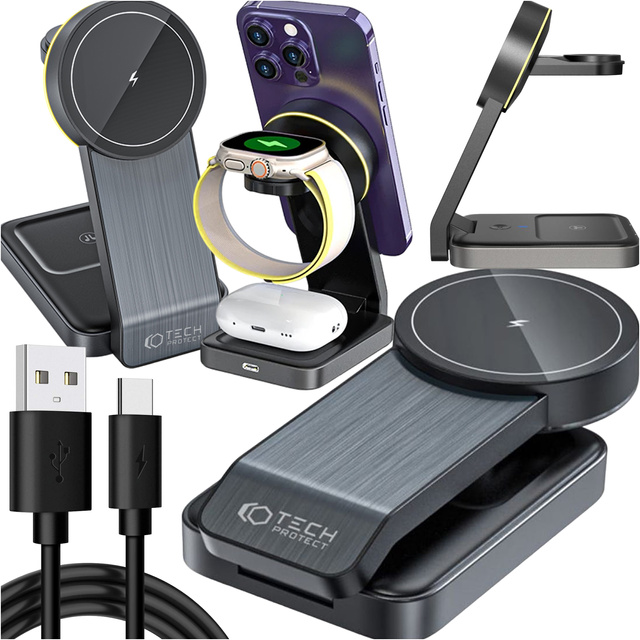 Ładowarka indukcyjna Qi Mag Safe 15W do iPhone Apple Watch AirPods 3w1 bezprzewodowa stojak czarna