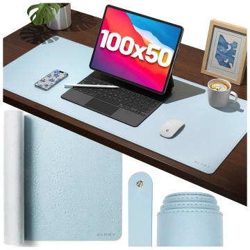 Schreibtischunterlage 100 × 50 cm – rutschfeste Schutzmatte aus elegantem PU-Kunstleder, für Maus und Tastatur, stilvoll und langlebig – Alogy WorkMat™ Blau