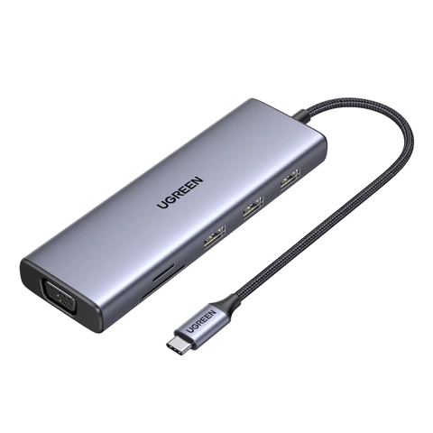 Adapter Ugreen CM498 USB-C HDMI VGA RJ45 USB-A SD PD 100W Hub 9w1 Szary