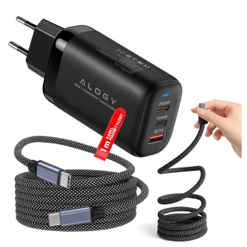 Kabel Zasilający USB-C do USB-C 65W 1m, Szybkie Ładowanie PD, Magnetyczny, Trwały i Elastyczny Przewód Alogy MagiCharge™ – Czarny + Ładowarka Sieciowa 3w1 65W 