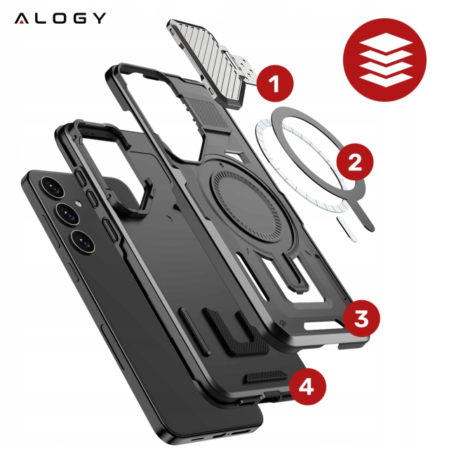 Etui do Samsung Galaxy S25 Plus Case do MagSafe Wzmocniona Pancerna ochrona obiektywów z funkcją podstawki obudowa ochronna na telefon Alogy HeavyDuty Mag™️Czarne