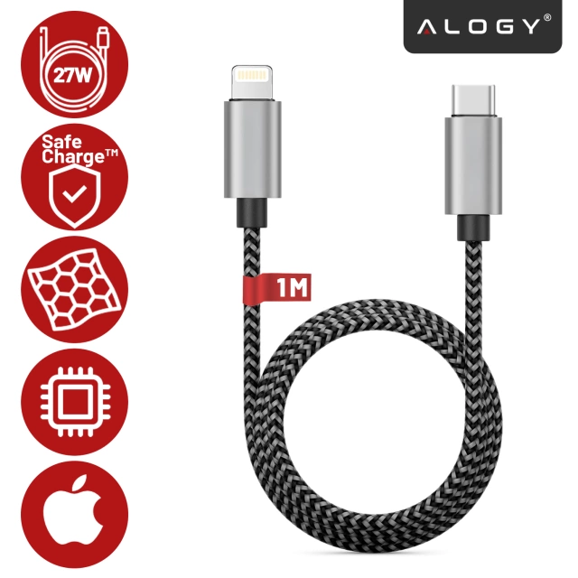 Kabel Zasilający USB-C do Lightning 27W 1m, Szybkie Ładowanie PD, Trwały i Elastyczny Przewód Kompatybilny z iPhone i iPad, Alogy MagiCharge™ – Czarny