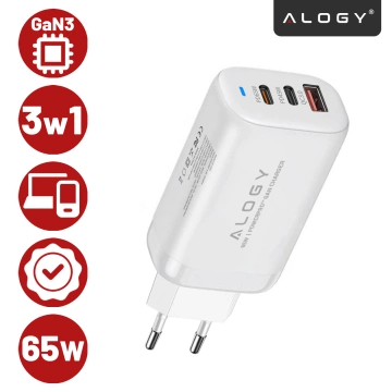 Alogy GaNCharge Kompaktes 3-in-1-Wandladegerät, schnelles Laden, GaN3, 65 W, USB-A, 30 W, 2 x USB-C, 65 W, Weiß