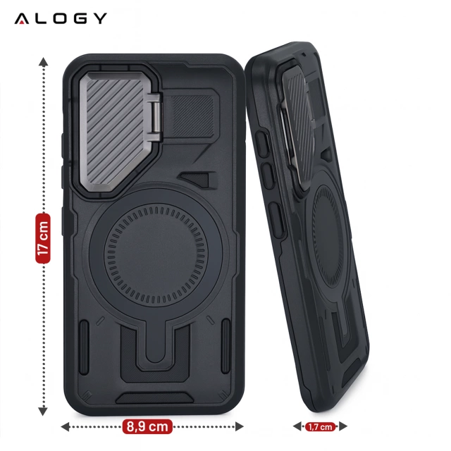 Etui do Samsung Galaxy S25 Ultra Case do MagSafe Wzmocniona Pancerna ochrona obiektywów z funkcją podstawki obudowa ochronna na telefon Alogy HeavyDuty Mag™️Czarne