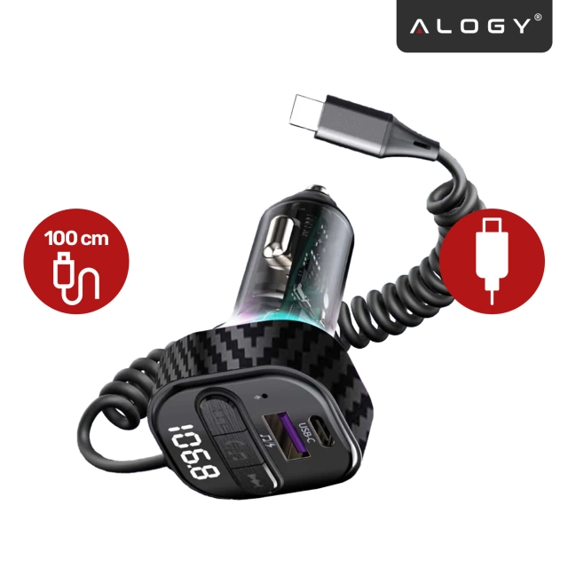 Transmiter FM Bluetooth 5.3 z Ładowarką Samochodową PD 30W QC3.0, Kabel Sprężynowy USB-C, Obsługa Pendrive, Podświetlenie LED 7 Barw – Alogy CarTune™ Czarny