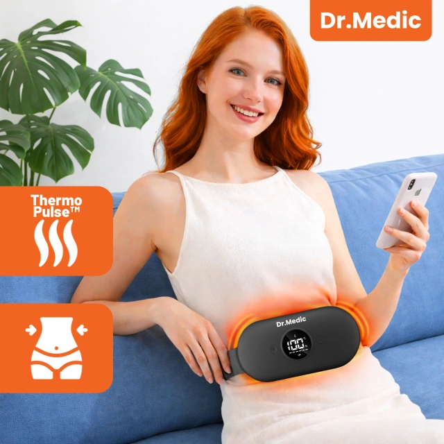 Pas Grzejący z Masażerem na okres i plecy - przeciwbólowy, ciepło + wibracje, 6 poziomów intensywności, akumulator 1800 mAh - Dr.Medic ThermoPulse™ Czarny