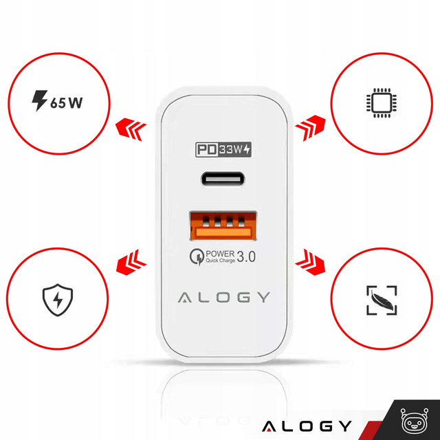 Ładowarka sieciowa USB-A + USB-C – szybkie ładowanie QC 3.0 i PD 33W 65W, kompaktowa, uniwersalna do telefonu i laptopa – Alogy GaN PowerCharge™ Biała