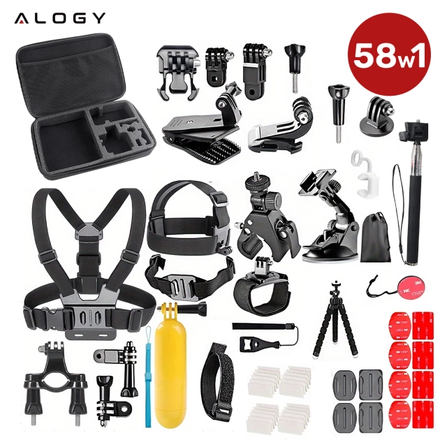 Zestaw Akcesoriów do GoPro Hero 13 12 11 10 9 8 7 6 kamerki sportowej zestaw mocowań Alogy ActionKit™ XXL 58w1 z Etui pokrowcem Walizką