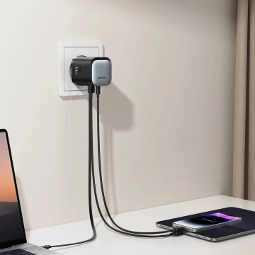 Joyroom JR-TCL02 65 W USB-A USB-C GaN-Ladegerät mit integriertem USB-C-Kabel – Schwarz