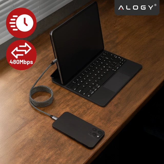 Kabel Zasilający USB-C do USB-C 65W 1m, Szybkie Ładowanie PD, Magnetyczny, Trwały i Elastyczny Przewód Alogy MagiCharge™ – Czarny + Ładowarka Sieciowa 3w1 65W