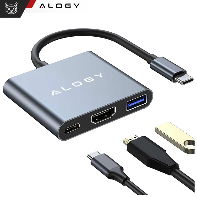 Adapter przejściówka HUB 3w1 USB-C na HDMI USB-A USB-C 4K 60Hz Alogy szary