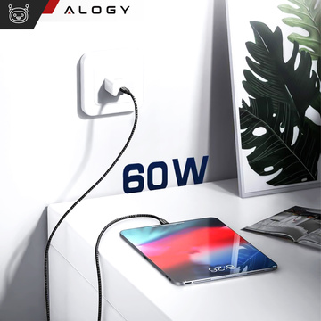 2x Kabel USB-C typ C mocny szybki 60W PD 2M do iPhone 15/Pro/Max nylonowy przewód Alogy Czarny [2szt]