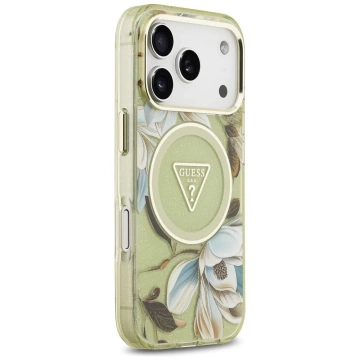 Etui Guess MagSafe do iPhone 17 Pro IML Glitter Flowers Triangle Green