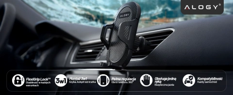 Autotelefonhalter für das Auto 3in1 Alogie an der Windschutzscheibe zum Armaturenbrettgitter, Cockpit Schwarz