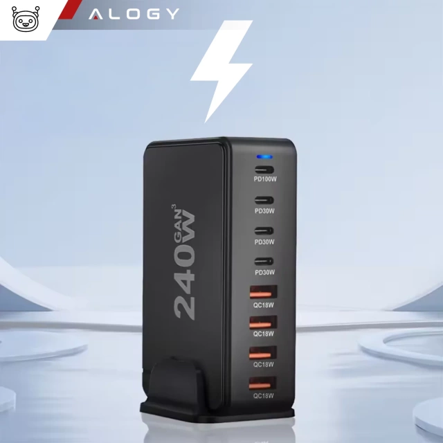 Ładowarka sieciowa 8w1 Ultra Szybka 240W GaN3 4x USB-C 4x USB Alogy Fast Charger Czarna