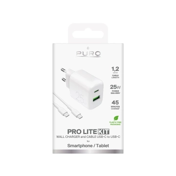 Ładowarka sieciowa Puro PROLITE 25W USB-A/USB-C + kabel USB-C 1.2m - biała