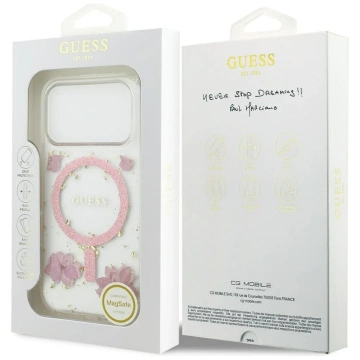 Etui Guess MagSafe do iPhone 17 Pro Resin Flowers Glitter Pink