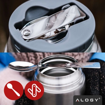 Abendessen-Thermoskanne für Kinder-Suppe, Essen, 700 ml, Alogy Edelstahl-Klapplöffel, Thermograu