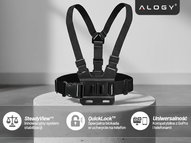 Szelki sportowe na klatkę piersiową – uniwersalny uchwyt do kamery, aparatu i telefonu, stabilne nagrywanie POV, regulowane paski – Alogy ChestMount™ Czarne