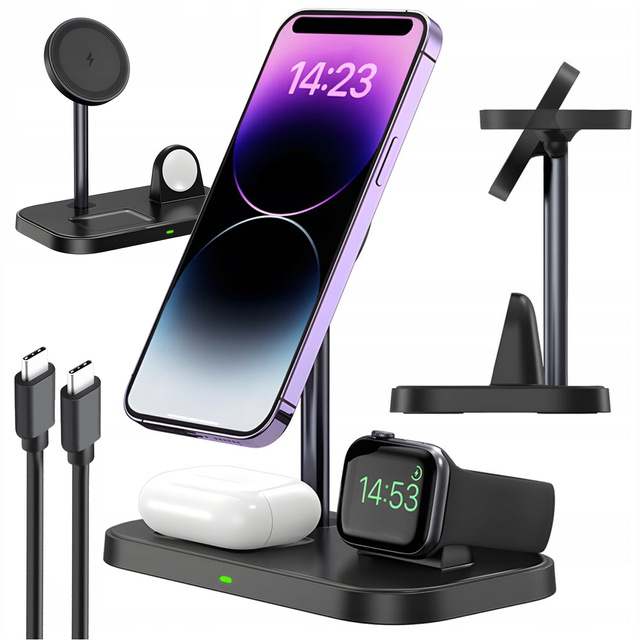 Qi Mag Safe 15W induktives Ladegerät für iPhone Apple Watch AirPods 3in1 kabellose Standstation Schwarz