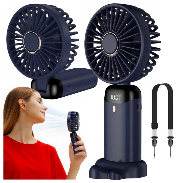 Wentylator Wiatrak Ręczny Bezprzewodowy, Przenośny i Biurkowy, z Uchwytem na Telefon, Ładowanie USB-C, Bateria 18650, Alogy CoolBreeze™ – Granatowy