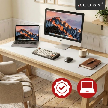 Schreibtischunterlage 90 × 45 cm – rutschfeste Schutzmatte aus elegantem PU-Kunstleder, für Maus und Tastatur, stilvoll und langlebig – Alogy WorkMat™ Weiß