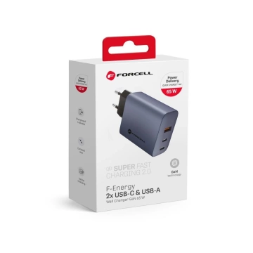 FORCELL F-ENERGY GaN Wandladegerät 2 x Typ C USB A PD QC4.0 4A 65W Grau