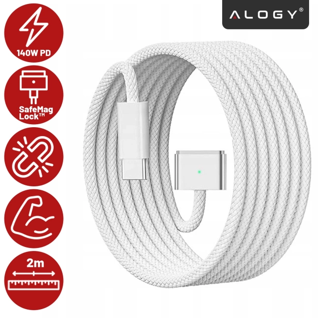 Kabel zasilający USB-C do MagSafe 3 – szybkie ładowanie 140W, przewód 2 m, do Apple MacBook, wytrzymały i bezpieczny – Alogy PowerLink™ Biały