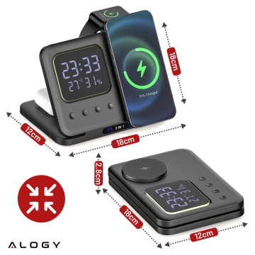 ŁADOWARKA INDUKCYJNA BEZPRZEWODOWA SZYBKA STACJA 5w1 ZEGAR LED 15W USB-C do MagSafe do Apple iPhone Watch AirPods z zegarem i higrometrem Czarna