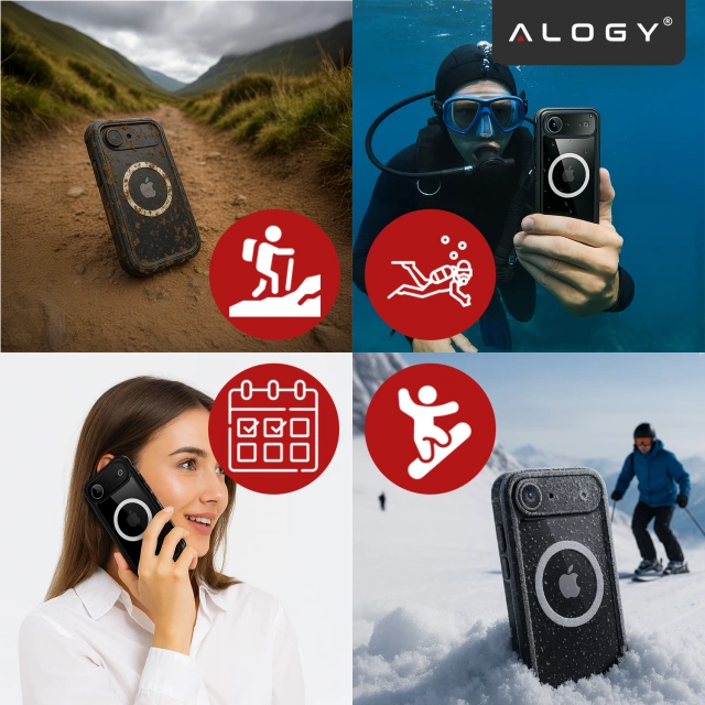 Etui Wodoodporne do Apple iPhone 17 Air 6,6", Pancerna Obudowa 360° z Przezroczystym Tyłem, Kompatybilna z MagSafe, Alogy HydroArmor™ IP68 Case – Czarne