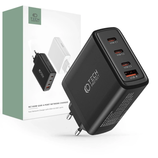Tech-Protect NC100W-Gan 4-Port-Netzwerkladegerät PD100W/QC3.0 schwarz