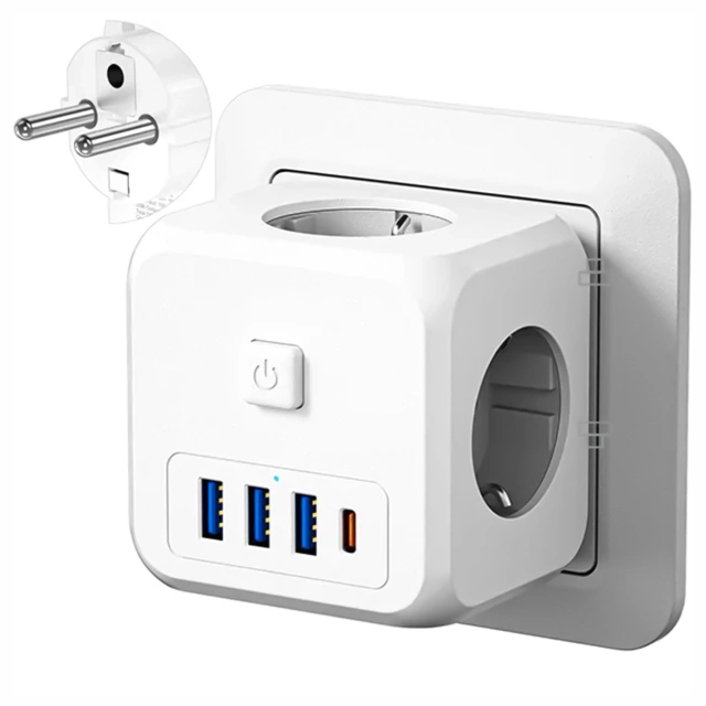 Rozgałęźnik sieciowy rozdzielacz Ładowarka adapter złodziejka 3 gniazdka EU 3x USB + USB-C C 7w1 Alogy Biały