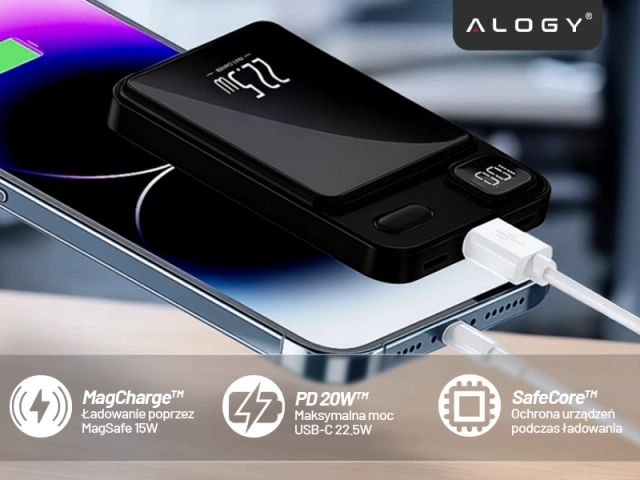 PowerBank Bezprzewodowy 10000mAh z Technologią MagSafe, Szybkie Ładowanie 22.5W PD20W, Kompaktowy i Magnetyczny, Alogy MagCharge™ – Czarny