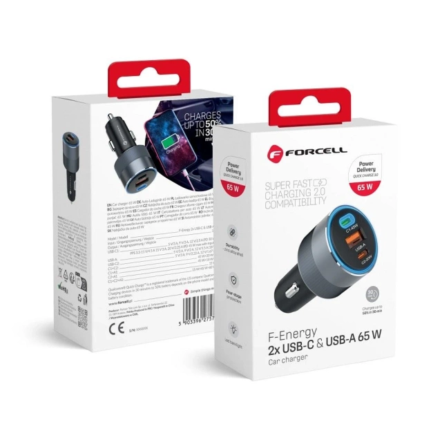 Forcell Autoladegerät 65W 2xUSB-C USB-A Schnellladung