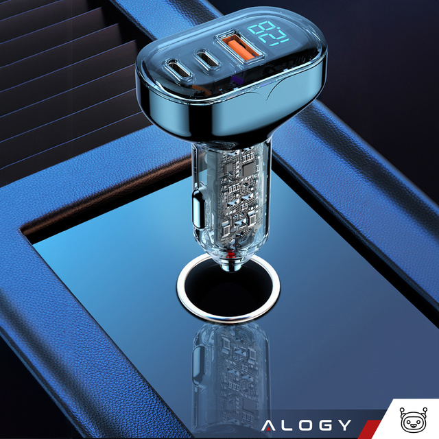 Ładowarka samochodowa 2x USB-C C PD 36W + USB QC 3.0 LED szybka do telefonu mocna 72W Alogy czarna + Etui