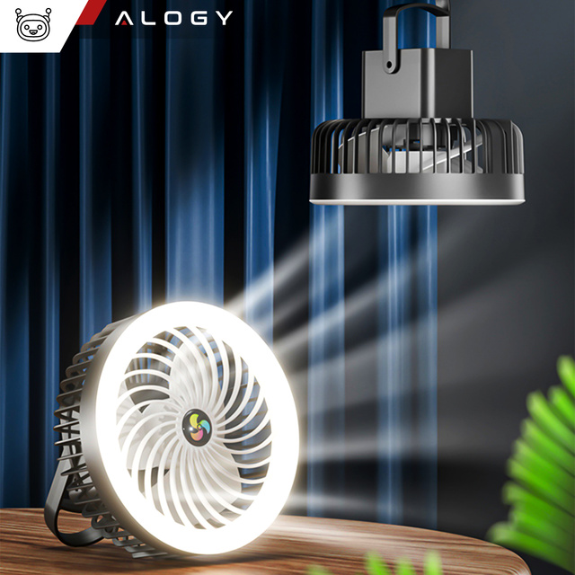Wiatrak wentylator biurkowy z lampką LED 2w1 Alogy przenośny wiszący stojący Bezprzewodowy Hanging Outdoor Mini Fan uchwyt na haczyk Czarny
