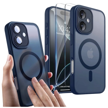 3-in-1 Hybrid-Schutzhüllen-Set mit gehärtetem Glas für Apple iPhone 16, Hybrid-MagSafe-Schutzhülle mit Linsenschutz, Alogy 3-in-1-Hüllen-Set, Marineblau