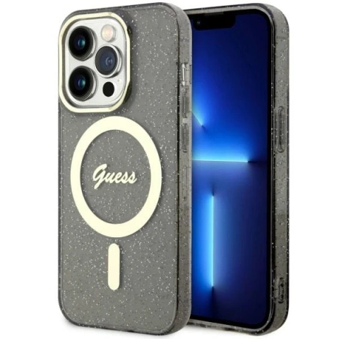 Etui für Telefon Guess GUHMP14LHCMCGK für Apple iPhone 14 Pro 6.1" Czarny/Black Hardcase Glitter Gold MagSafe