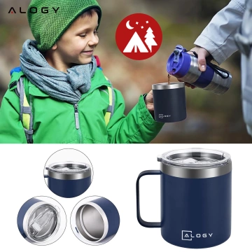 Thermobecher 420 ml mit Griffdeckel für Kaffee, Tee, kalte und warme Getränke aus Stahl, Alogy, Marineblau