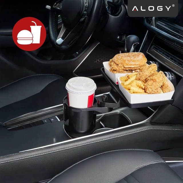 Uchwyt Samochodowy na Kubek i Butelkę Telefon z Obrotowym Stoliczkiem 360°, Mobilny Organizer 2w1, Alogy MultiUse Tray™ – Czarny