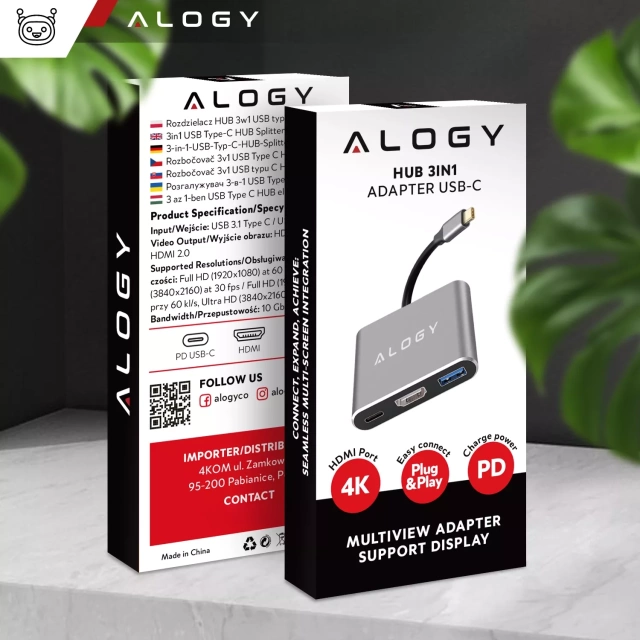 Adapter przejściówka HUB 3w1 USB-C na HDMI USB-A USB-C 4K 60Hz Alogy szary