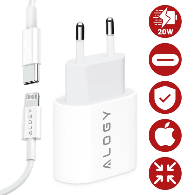 Ładowarka sieciowa Alogy szybka USB-C PD 20W + Kabel 1m przewód Lightning do iPhone Biały